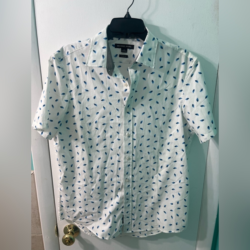 Michael Kors White and Blue Leaf Print Shirt